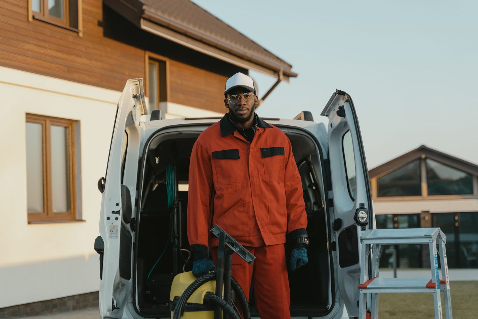 Tradesperson in work overalls standing at the back of a white van